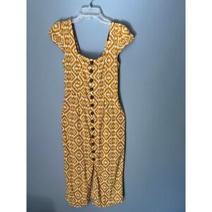 Mustard Yellow Ikat Print Button Front Midi Dress with Back Bow Size L Summer